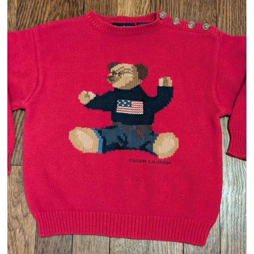 Vtg 90s Ralph Lauren Bear American Flag Crew Neck Sweater‎ Red Cotton Buttons 4T